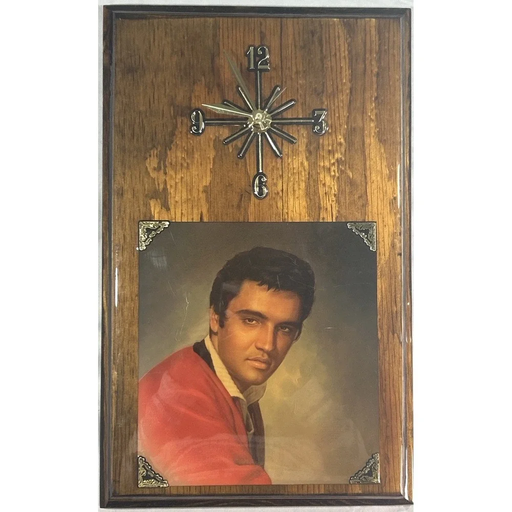 Vintage Elvis Presley Wood Plaque Wall Clock Quartz Portrait Decor Working